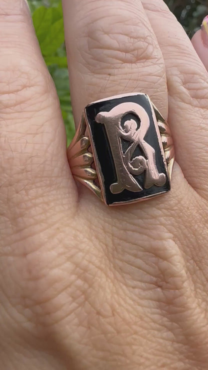 9ct Rose Gold & Onyx R Initial Ring