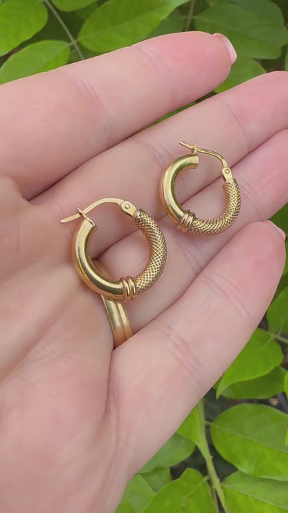 9ct Gold UnoAerre Small Round Hoops, half textured, half polished
