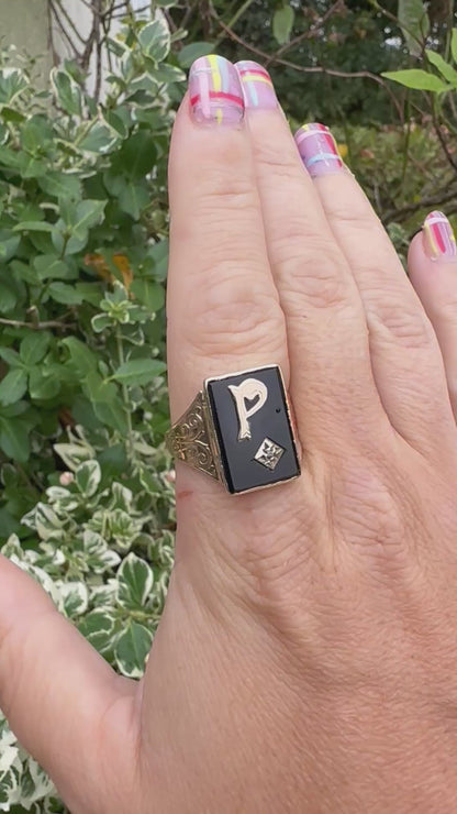 Vintage 9ct Yellow Gold & Onyx P ring with accent Diamond