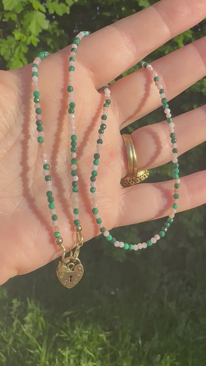 Peony- Pink Opal and Malachite mini bead necklace with vintage heart padlock