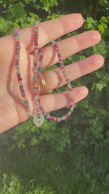 Rainbow- Mixed Gemstone Mini beaded necklace with Vintage Sterling Heart Padlock