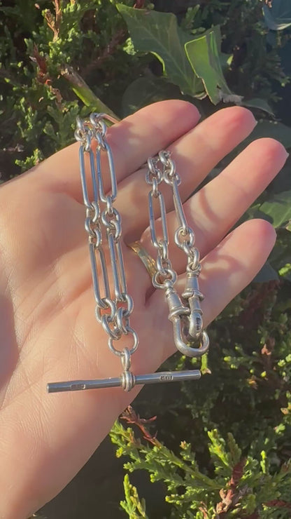 Antique Sterling Silver Trombone Albert chain with double dog clips and fixed T-bar