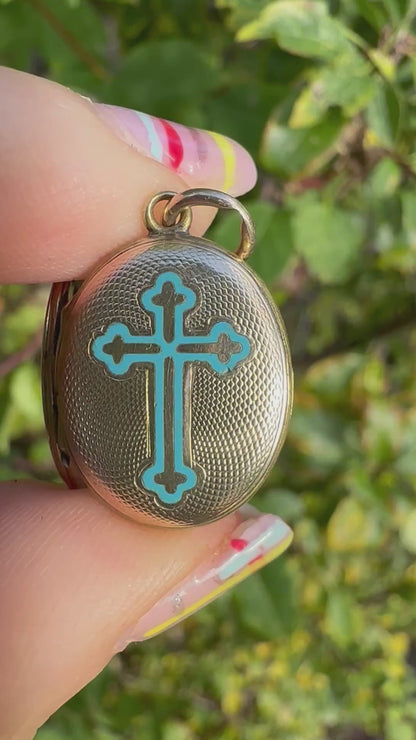 Antique 9ct Gold front and back Blue Enamel cross locket.