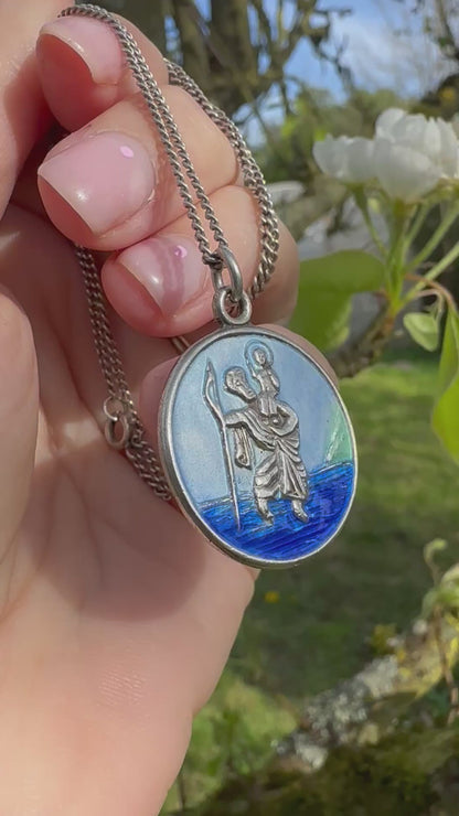 Sterling Silver Enamel St Christopher on a curb chain