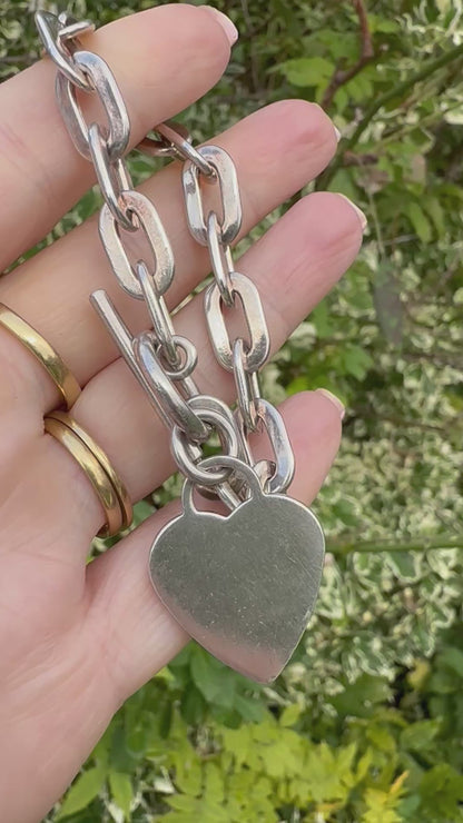 Vintage Sterling Silver paperclip bracelet with heart toggle