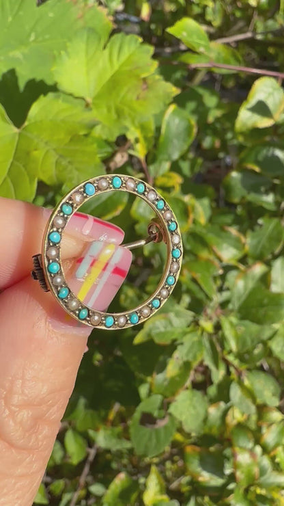 Antique 15ct Gold Turquoise and Pearl circle brooch